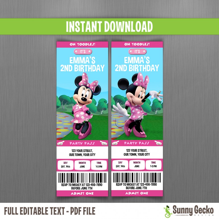 Minnie Mouse (Mickey Mouse Clubhouse) Birthday Ticket Invitations